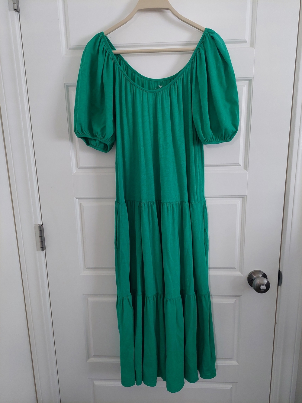 Velvet by Graham & Spencer Dress Vintage Slub Green Tiered Puff Sleeve
